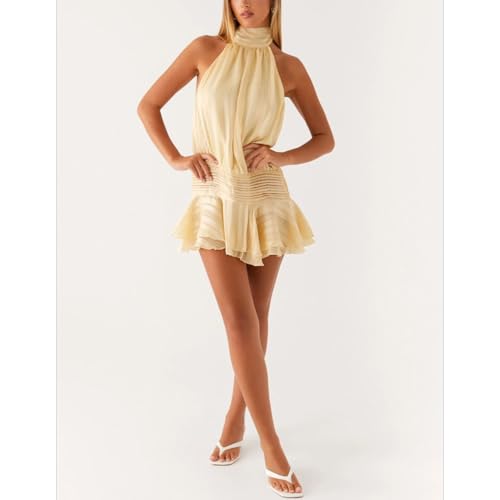 Image of Women's Halter Ruffles Mini Dresses Sexy Backless Wrapped Waist Lace Up Dress Fashion Vacation Beach Party Skirt