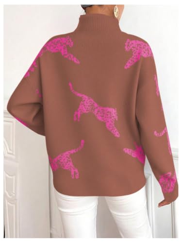 Image of WDIRARA Women's Leopard Tiger Print Sweater High Neck Long Sleeve Fuzzy Knitted Pullover Top