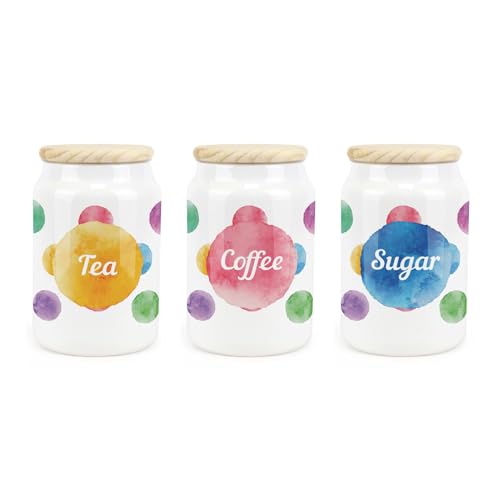 Purely Home Polka Dots Ceramic Tea Coffee Sugar Storage Canisters - Multicoloured Spotty Housewarming Gift - Kitchen Food Storage Containers & Wooden Lid 600ml (14.5cm x 9.5cm) - Set of 3