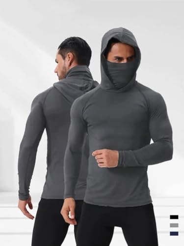 Men's Athletic Hooded T Shirts Compression Running Gym Workout Long Sleeve Active Quick-Dry UPF Tops with Built-in Face Cover3