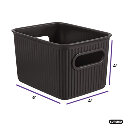 Superio Ribbed Collection - Decorative Plastic Open Home Storage Bins Organizer Baskets, Small Brown (6 Pack) Container Boxes For Organizing Closet Shelves Drawer Shelf 1.5 Liter #TOP1
