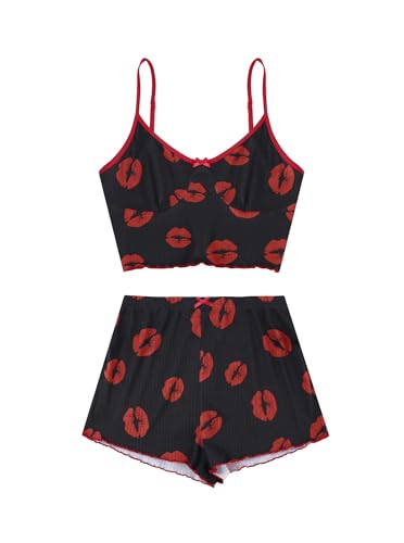 Image of Hilinker Womens Graphic Print Ribbed PJ Set Crop Cami Tops and Shorts Cute Pajamas Set