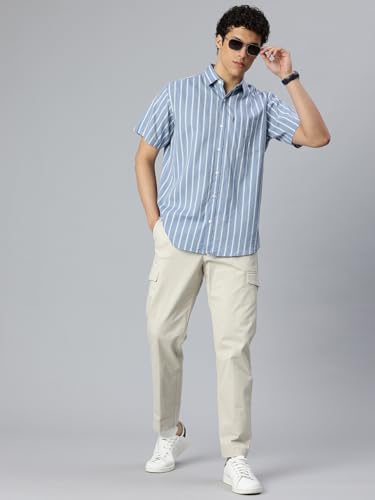Image of Majestic Man Men's Pure Cotton Striped Half Sleeve Slim Fit Casual Shirt for Men
