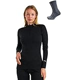 Lana Merino Capa Base Mujer - 100% Merino Jersey de Media Cremallera Mujer Peso Pesado + Calcetines de Lana (S, .320 Gris carbón)