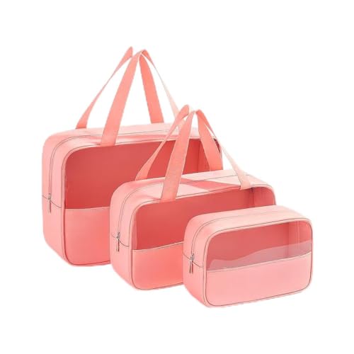 Kit Necessaire Transparente 3 em 1 Bolsa de Viagem para Maquiagem e Higiene Pessoal Unissex – Grande Capacidade, Organizador em PVC Impermeável, Ideal para Academia, Mala, Mala de Mão (Rosa)
