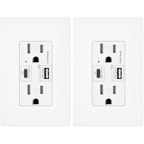 Micmi USB C + A Outlet PD 65W GaN + Power Delivery Receptacle 6.5A with Type A and Type C Ports, 125 Volt Tamper-Resistant for USB-C Cellphone W/Wallplate UL Listed (2Pack, White, 15Amp 65W USB C+A) Cover