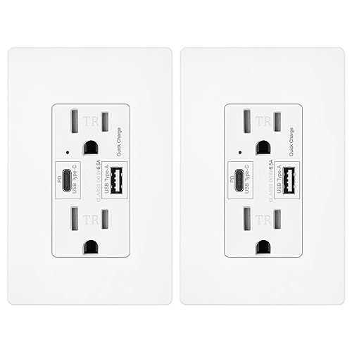 Micmi USB C + A Outlet PD 65W GaN + Power Delivery Receptacle 6.5A with Type A and Type C Ports, 125 Volt Tamper-Resistant for USB-C Cellphone W/Wallplate UL Listed (2Pack, White, 15Amp 65W