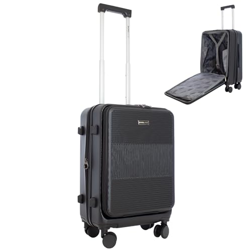 Bordlite 20" Cabin Suitcase – ABS Hardshell Front Opening Lightweight Luggage, Expandable +4cm with 8X Spinner Wheels, Combo Lock, Telescopic Handle – Black