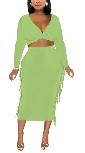 Image of Two Piece Club Outfits for Women Sexy Long Sleeve Crop Top Bodycon Pencil Skirt Tassels Dress V Neck Green S