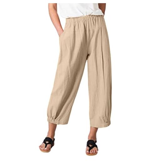 Womens Capri Yoga Pants Wide Leg Loose Lounge Capris Sweatpants with Pockets Khaki Medium
