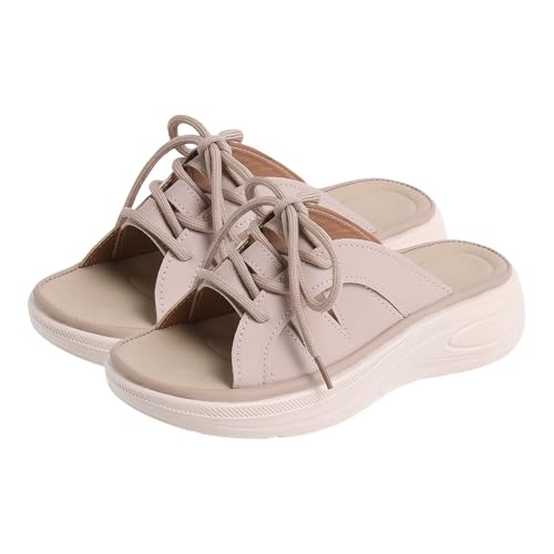 Sandalias deportivas plataforma beige 40 EU con puntera abierta y cordones de mujer