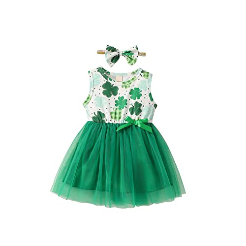Kids Toddler Baby Girl St Patrick  s Day Outfits Short Sleeve Dress Clover Lace Tutu Skirt One Piece Princess Sundress (Dark Green, 9-12 Months)