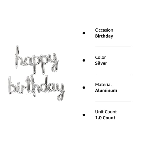 Happy Birthday Balloons Banner 16 Inch Hanging Birthday Balloons 3D Silver Foil Cursive Script Letter Balloons for Kids and Adults Birthday Party Decorations Supplies (Silver)