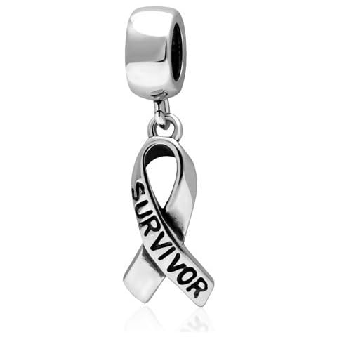 Survivor Ribbon Charm 925 Sterling Silver Letter Survivor Dangle Bead for 3mm Pandora Style Snake Chain Bracelets (Survivor Ribbon Charm) Cover