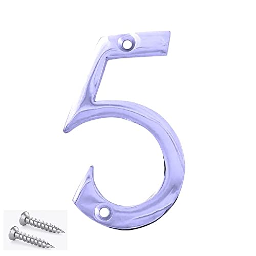 TERF® 3 Inch (75mm) Chrome Polished Finish Screw Fix Front Door Number '' 5 '' Mailbox Hotel House Door Number Suitable for All Door Types Wooden uPVC and Composite With Fixing Screw [ Number