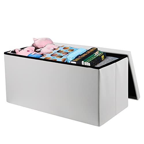 Ecomex Folding Storage Ottoman Bench, 30 Inches Folding Ottoman Storage Bench, Leather Long Storage Chest, Toy Chest, Faux Leather Ottoman Bench With Storage For Bedroom, Hallway (White) #TOP13