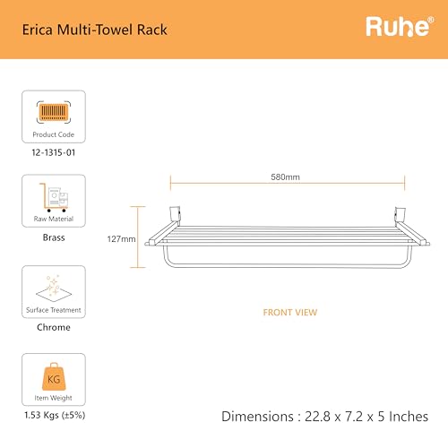Image of Ruhe 24 Inch Erica Bathroom Towel Rack /Towel Holder /Towel Stand | Wall Mounted Shelf with Hanging Rod, Durable Metal with Chrome Finish