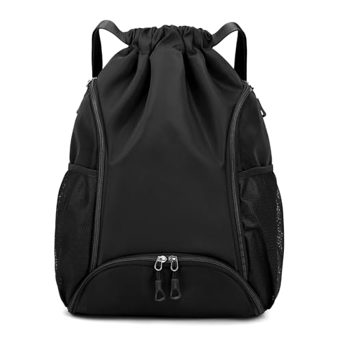Valleycomfy Sports Gym Bag Drawstring Backpack with Shoes Basketball Bag and Two Water Bottle Holder,Black