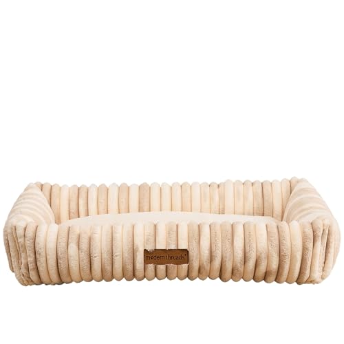 Image of Modern Threads Ribbed Plush Two-Tone Cuddler Dog Bed, Ultra-Soft Faux Rabbit Fur, Supportive Bolstered Sides, Removable Washable Cover, Bed for Medium to Large Dogs, Cream, (34 inch L x 25 inch W x 9 inch Th)