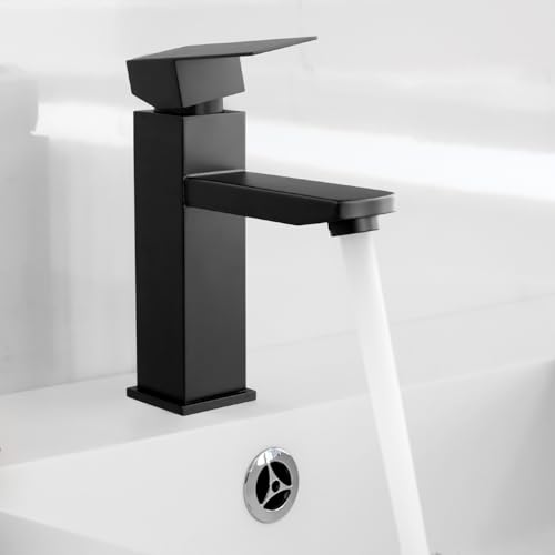 QWORK® Grifo Lavabo, Grifo Baño Negro, Grifo Mezclador Cuadrado de Acero Inoxidable, Grifos con 2 Mangueras, para Jardín, Cocina y Baño