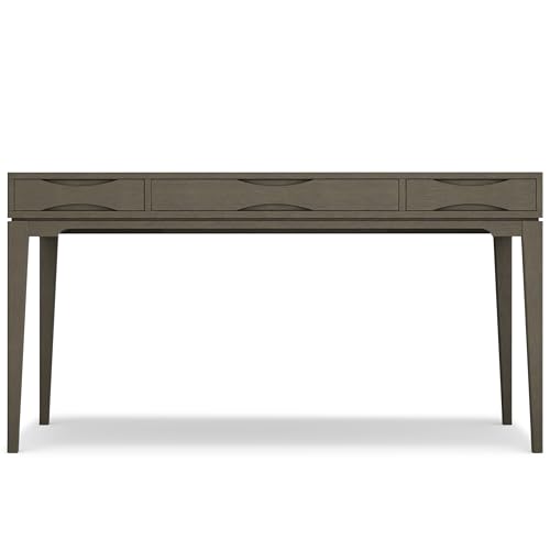 Image of SIMPLIHOME Harper Desk - 60 Inch Wide Solid Wood Writing Desk in Farmhouse Grey, Mid-Century Modern Home Office Computer Table for Workspace or Study with 2 Drawers and Flip-Down Keyboard Tray