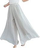 [JudyRose] リネンパンツ ワイドパンツ レディース リネン ガウチョパンツ 夏 ふんわり 涼しい 麻 ウエストゴム 裏地あり 2枚重ね (95cm, オフホワイト)