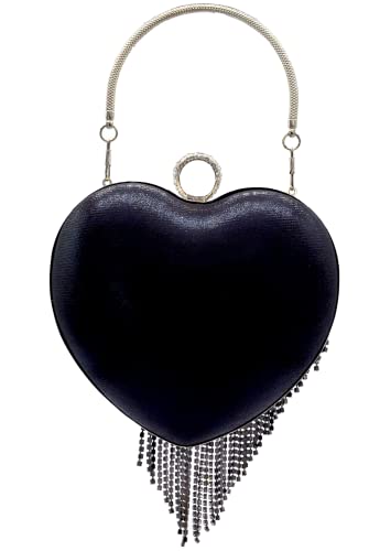Image of UMREN Women Luxury Heart Shape Tassel Evening Clutch Bag Rhinestones Wedding Party Purse Handbag