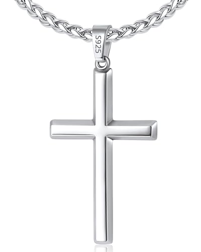 Lovjewl 925 Sterling Silver Cross Necklace for Men Boys, Sterling Silver Mens Cross Necklace with 3mm Stainless Steel Wheat Chain, Silver Chain for Men Jewelry Gifts for Man 20 Inch