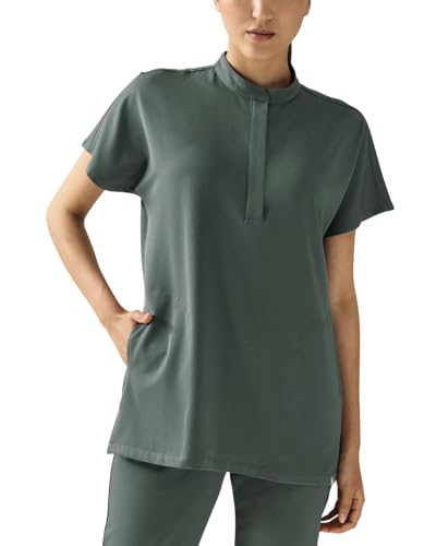 CLINIC DRESS Schlupfkasack I kaere I Damen-Kasack Pflege Arbeitskleidung I Stehkragen | Länge ca. 70 cm | Kurzarm I Industriewäsche geeignet | bis 75 Grad waschbar | dunkelgrün S