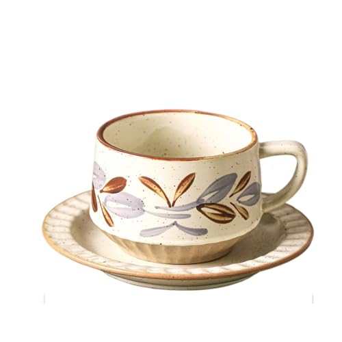 マグカップ クリエイティブストーンウェア ラフアカップ 家庭用 レトロ セラミック コーヒーカップ&ソーサーセット (300ml-1個,這う枝)