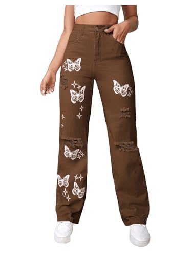Floerns Women's Ripped High Waisted Butterfly Print Jeans Wide Leg Long Denim Pants