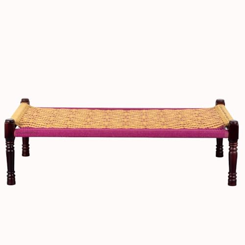 Image of Solid Sheesham Wood Charpai Khat | Handcrafted Daybed Khatiya Charpai with Cotton Rope | Traditional Khat Bed Wooden Diwan Cot for Living Room | 6X3 Feet | Yellow and Pink