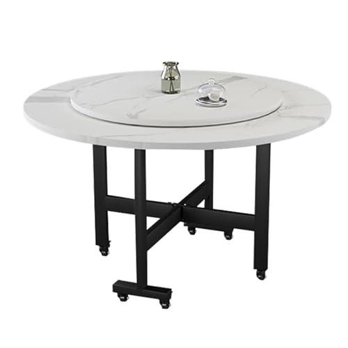 120cm Folding Round Kitchen Table with 6 Wheels Space-Saving Portable Dining Table with Turntable Compact Collapsible Table for Small Spaces