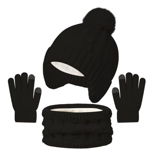 Bekecidi Ensemble bonnet, écharpe et gants d'hiver pour enfants, bonnet tricoté thermique, gants pour écran tactile, écharpe épaisse et moelleuse, bonnet chaud à pompons, cache-cou pour filles et