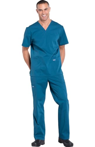 Men Scrubs Set Workwear Professionals WW695 V-Neck Top & WW190T Tapered Leg Fly Front Cargo Pant, Caribbean Blue- S Top/S Tall Pant