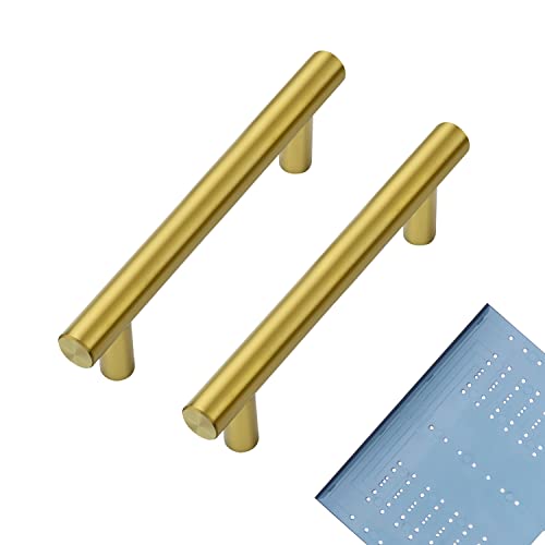 Ravinte 10 Pack 5 Inch Cabinet Pulls Brushed Brass Stainless Steel Kitchen Drawer Pulls Cabinet Handles with Drill Mounting Template 5”Length, 3” Hole Center