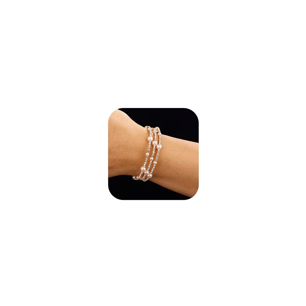 Pulseras bohemias de perlas sintéticas para mujer, pulseras ajustables en capas para niñas, diamantes de imitación de cristal, joyería de mano para novia, boda, cadenas elásticas de mano