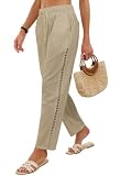 CrystErzoix Pantalon Lin Femme Été Pantalon 7/8 Léger Taille Elastique Chic Pantalons Ample Décontracté Confortable, Kaki L