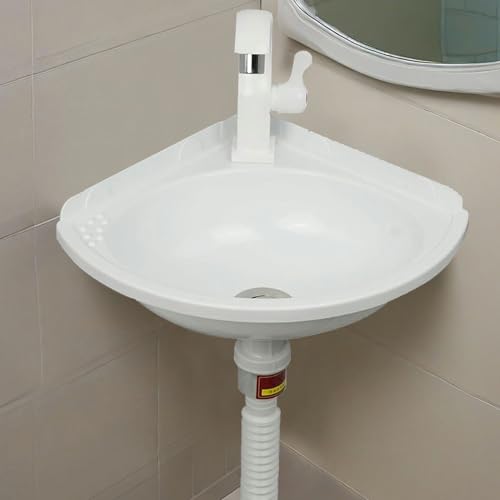 Éviers D'angle en Plastique Lavabos Mural Triangulaire de salle de bain,Petit Lave-Main pour L'intérieur et à L'extérieur avec Robinet et Kit de...