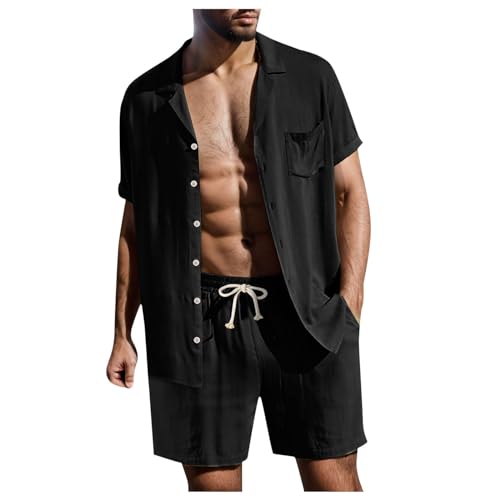 Bauzuoyo Pijama de lino de verano de 2 piezas para hombre, traje informal y pantalones cortos y camiseta, elegante traje de ocio, monocolor, dos piezas, manga corta, con botones, camisa corta, traje