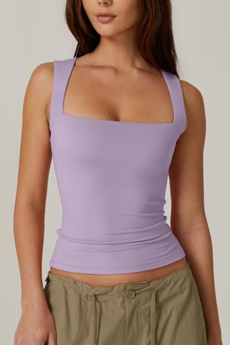 Image of QINSEN Women's Square Neck Sleeveless Double-Layer Tank Tops Basic Tight T Shirts