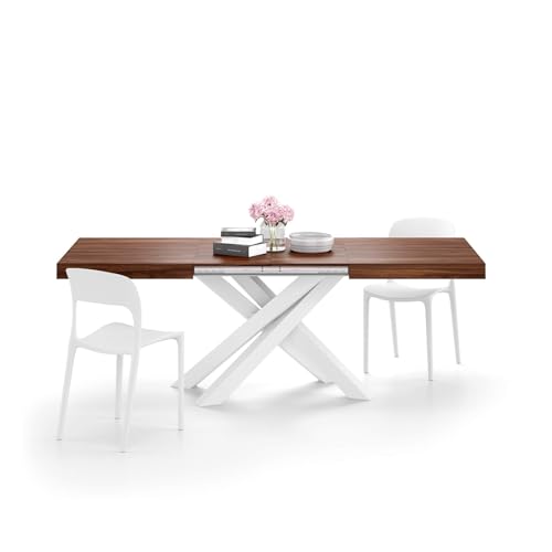MOBILI FIVER, Mesa Extensible Emma 140(220) x90 cm, Color Nogal Canaletto con Patas Cruzadas Blancas, para 6-10 Personas, Mesa Extensible de Comedor, Mesa Cocina, Salon, Made In Italy