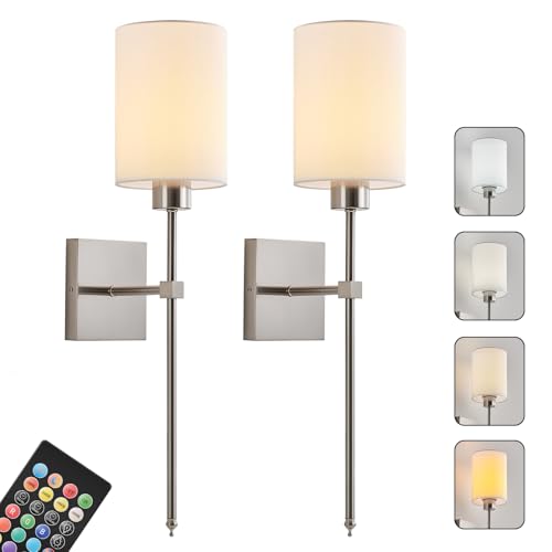 Image of Battery Operated Wall Sconce Set of Two,Wireless Rechargeable Wall Lights With Remote Control,Dimmable,4 CCT,RGB,Timer,Cordless Decor Lighting for Living Room, Bedroom, Entryway,Nickel,23.6 Inch