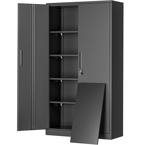 Greenvelly Metal Garage Storage Cabinet, 72” Locking Black Tool Steel Cabinet with Doors and 4...