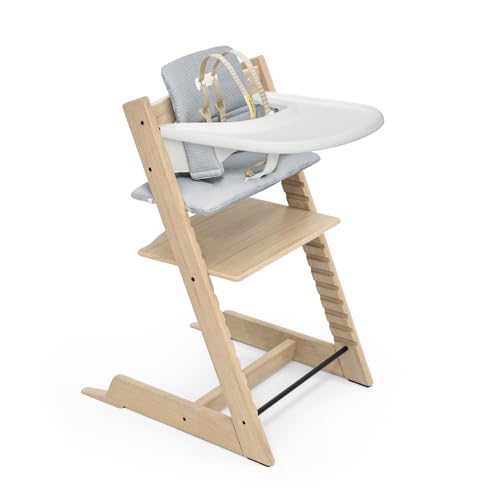 Image of Tripp Trapp High Chair and Cushion with Stokke Tray - Natural Oak with Nordic Blue - Adjustable, Convertible, All-in-One High Chair for Babies & Toddlers