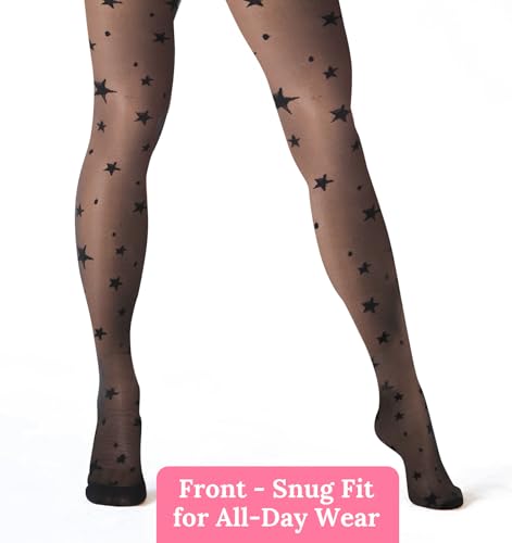 Star Tights for Women, Black Pattern Tights, Decorative Tights, Durable & Resistant to Snagging Patterned Pantyhose, Smooth Black Stockings with Design, Black4