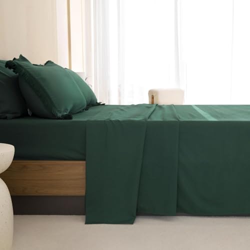 Image of Andency Oversized King Comforter Set Dark Emerald Green 120x98-7 Piece Boho Tassel Bed in a Bag Soft Lightweight Bedding Set, Fringe All Season Bed Set with Comforter, Sheets, Pillowcases & Shams