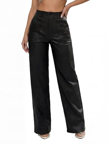 THE LOVE BRAND Women's Faux Leather Pants High Waisted Coated PU Straight Leg Black Leather Pants...