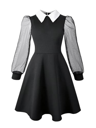 Girl's Mesh Puff Bishop Sleeve A Line Dresses High Waisted Collared Short Party Dress
