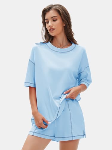 EXLURA Women's Casual Summer 2 Piece Sets 100% Cotton Short Sleeve Tshirt and Shorts Matching Sweatsuits Lounge Set 20254